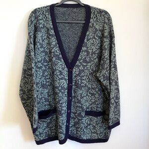 Jones New York Navy Blue & Sage Green Floral Cardigan Sweater